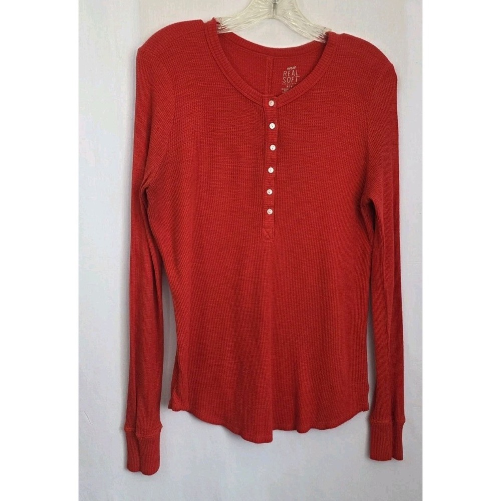 Aerie Top Womens Medium Red Waffle Knit Henley Thermal Ribbed Lounge Layering